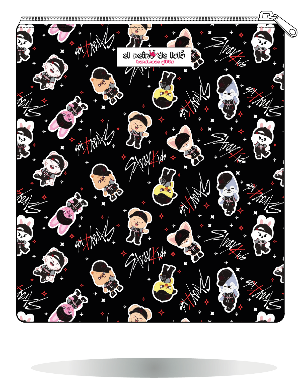Funda para manga SKZOO béisbol negra de Stray Kids, vista trasera, con personajes SKZOO con motivos de béisbol sobre fondo negro