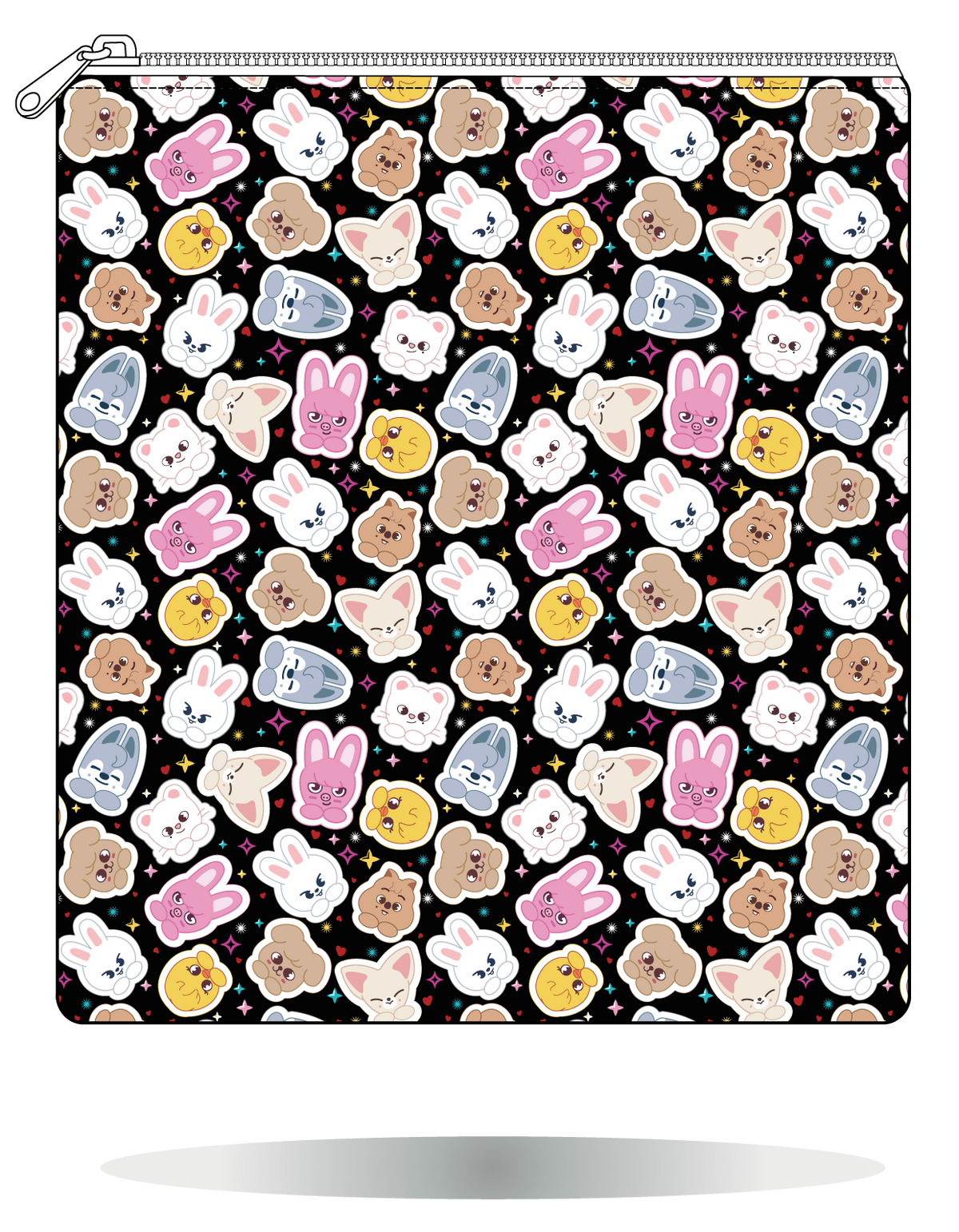 Funda para manga SKZOO chibi multicolor de Stray Kids, vista frontal, con personajes chibi multicolor sobre fondo negro