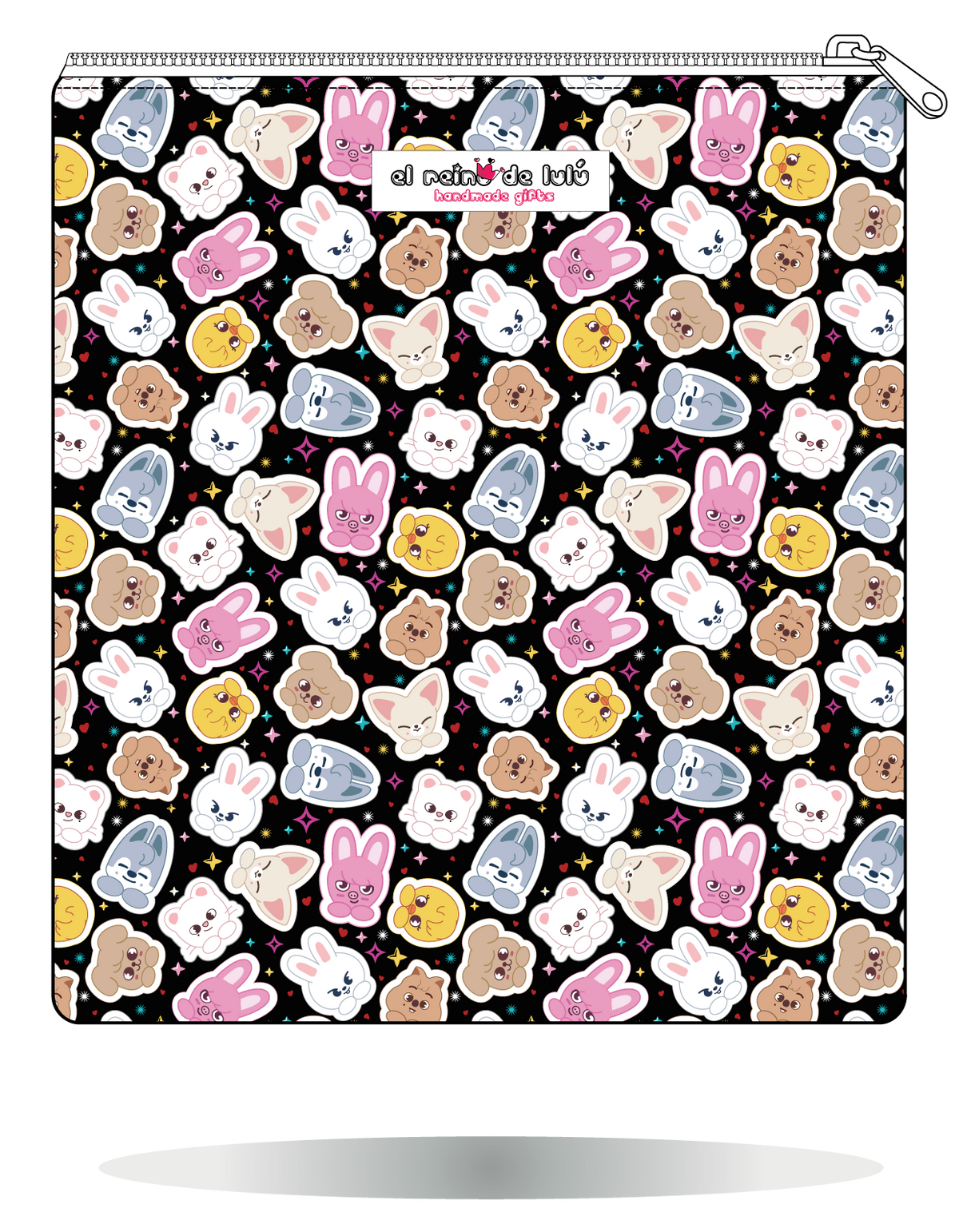 Funda para manga SKZOO chibi multicolor de Stray Kids, vista trasera, con personajes chibi multicolor sobre fondo negro