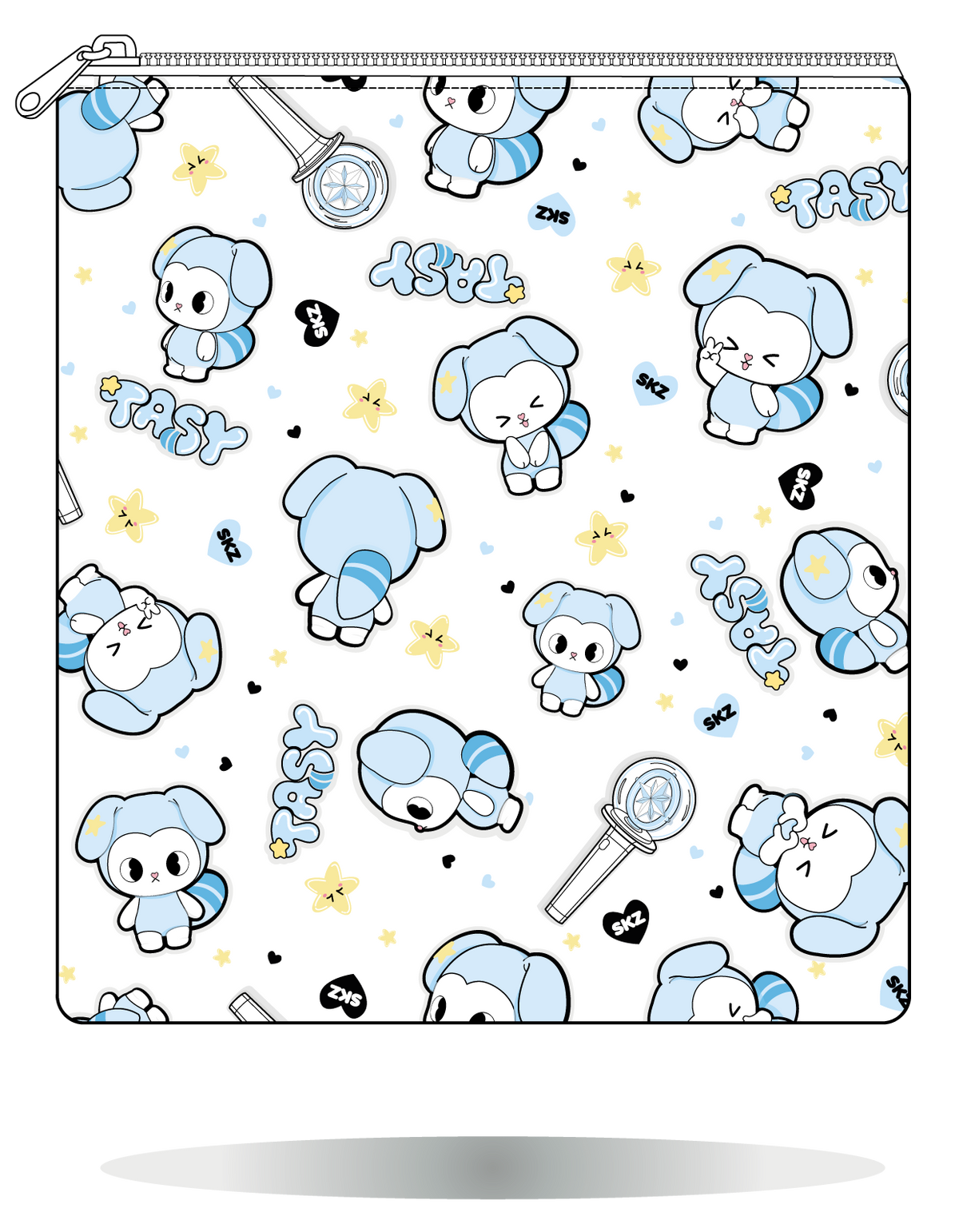 Funda para manga TASY chibi grandes azul de Stray Kids, vista frontal, con personajes TASY grandes en tonos azules