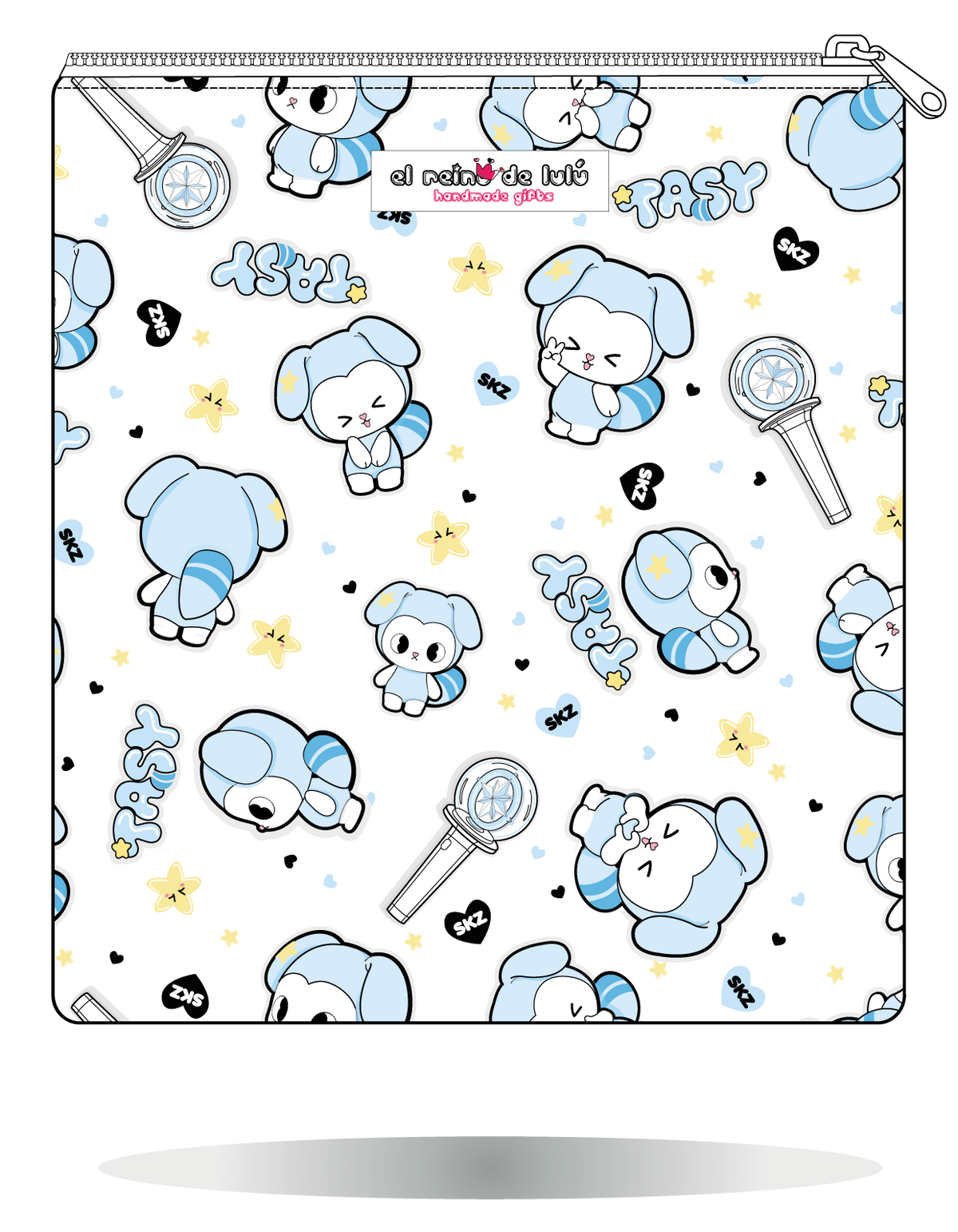 Funda para manga TASY chibi blanca de Stray Kids, vista trasera, con personajes TASY azules sobre fondo blanco