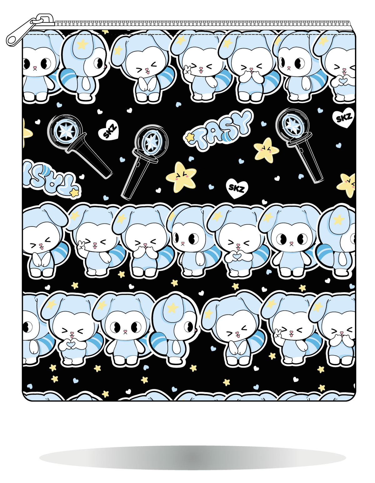 Funda para manga TASY chibi en filas negra de Stray Kids, vista frontal, con filas de personajes TASY azules sobre fondo negro