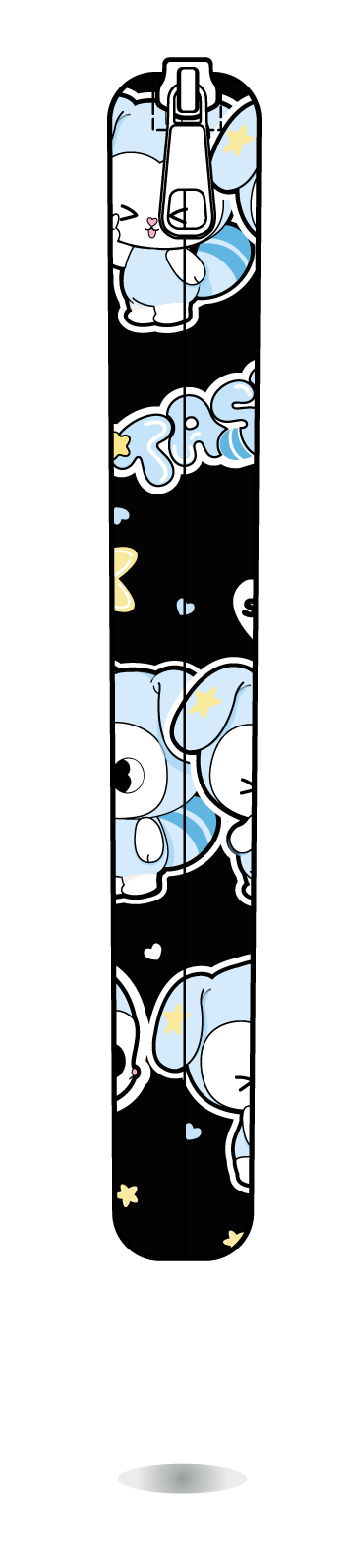 Funda para manga TASY chibi en filas negra de Stray Kids, vista lateral, con filas de personajes TASY azules sobre fondo negro