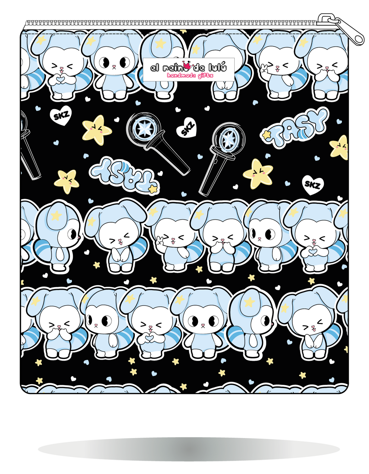 Funda para manga TASY chibi en filas negra de Stray Kids, vista trasera, con filas de personajes TASY azules sobre fondo negro