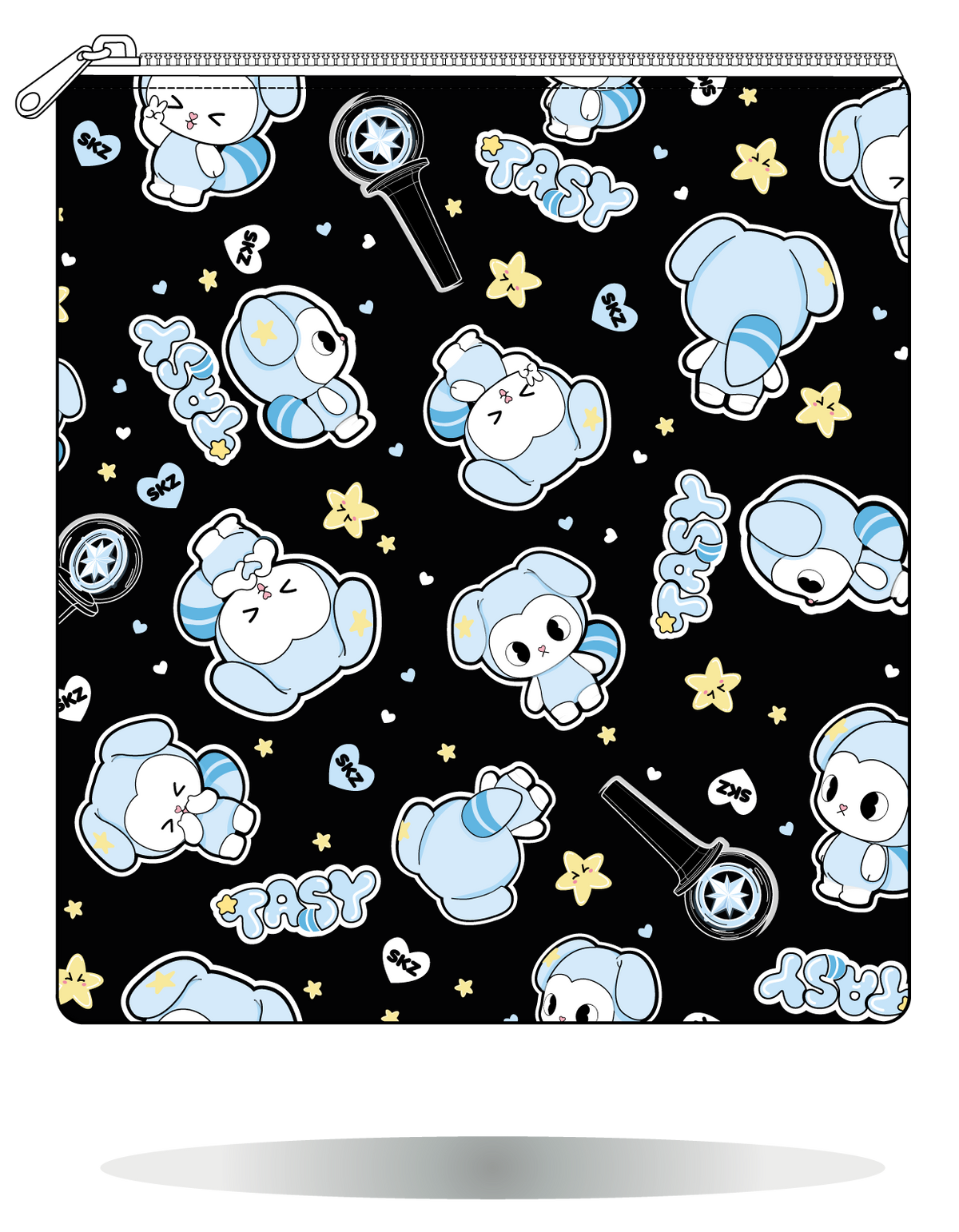 Funda para manga TASY chibi negra de Stray Kids, vista frontal, con personajes TASY azules sobre fondo negro