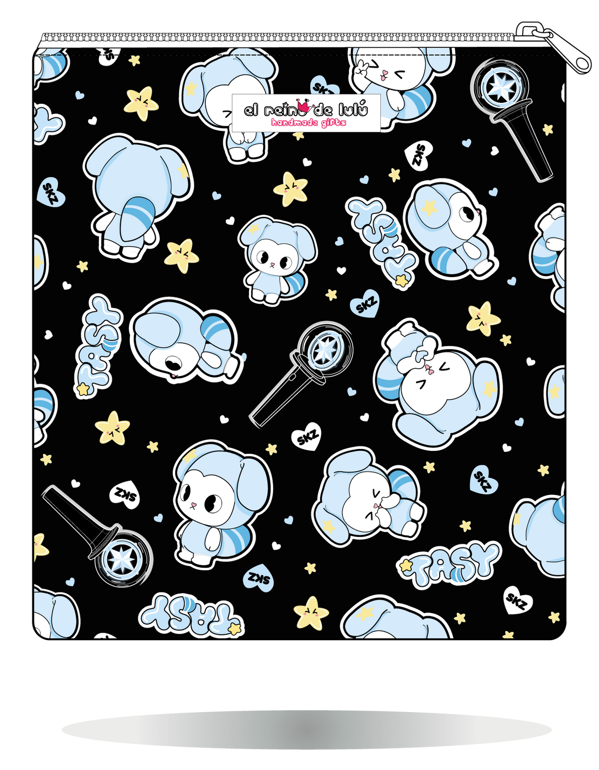 Funda para manga TASY chibi negra de Stray Kids, vista trasera, con personajes TASY azules sobre fondo negro