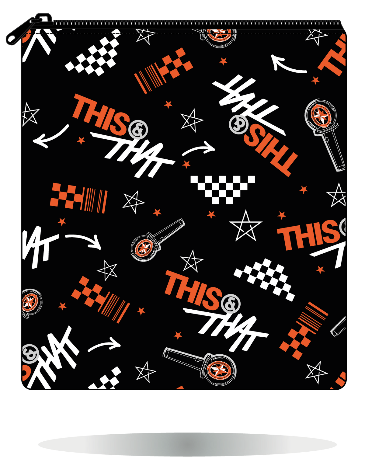 Funda para manga This & That negra de Stray Kids, vista frontal, con motivos gráficos This & That en negro, blanco y naranja
