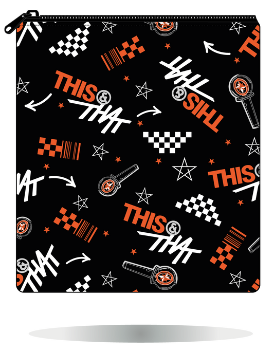 Funda para manga This & That negra de Stray Kids, vista frontal, con motivos gráficos This & That en negro, blanco y naranja