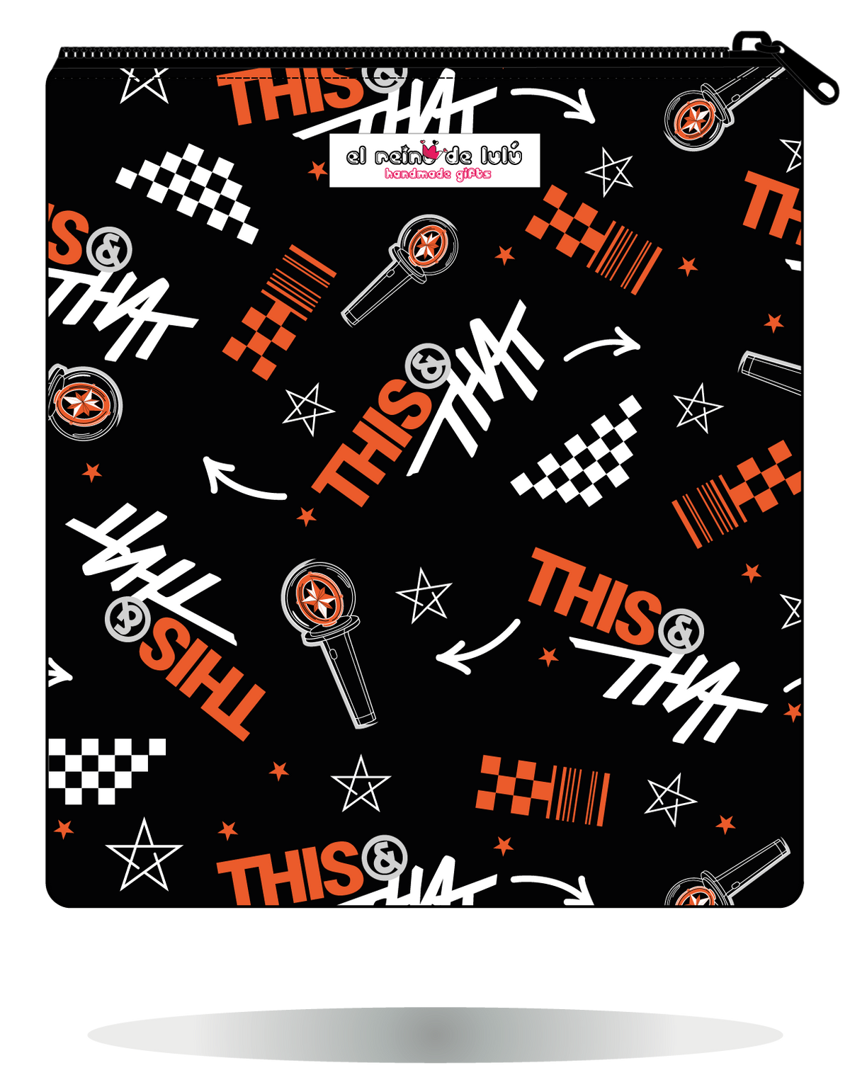 Funda para manga This & That negra de Stray Kids, vista trasera, con motivos gráficos This & That en negro, blanco y naranja