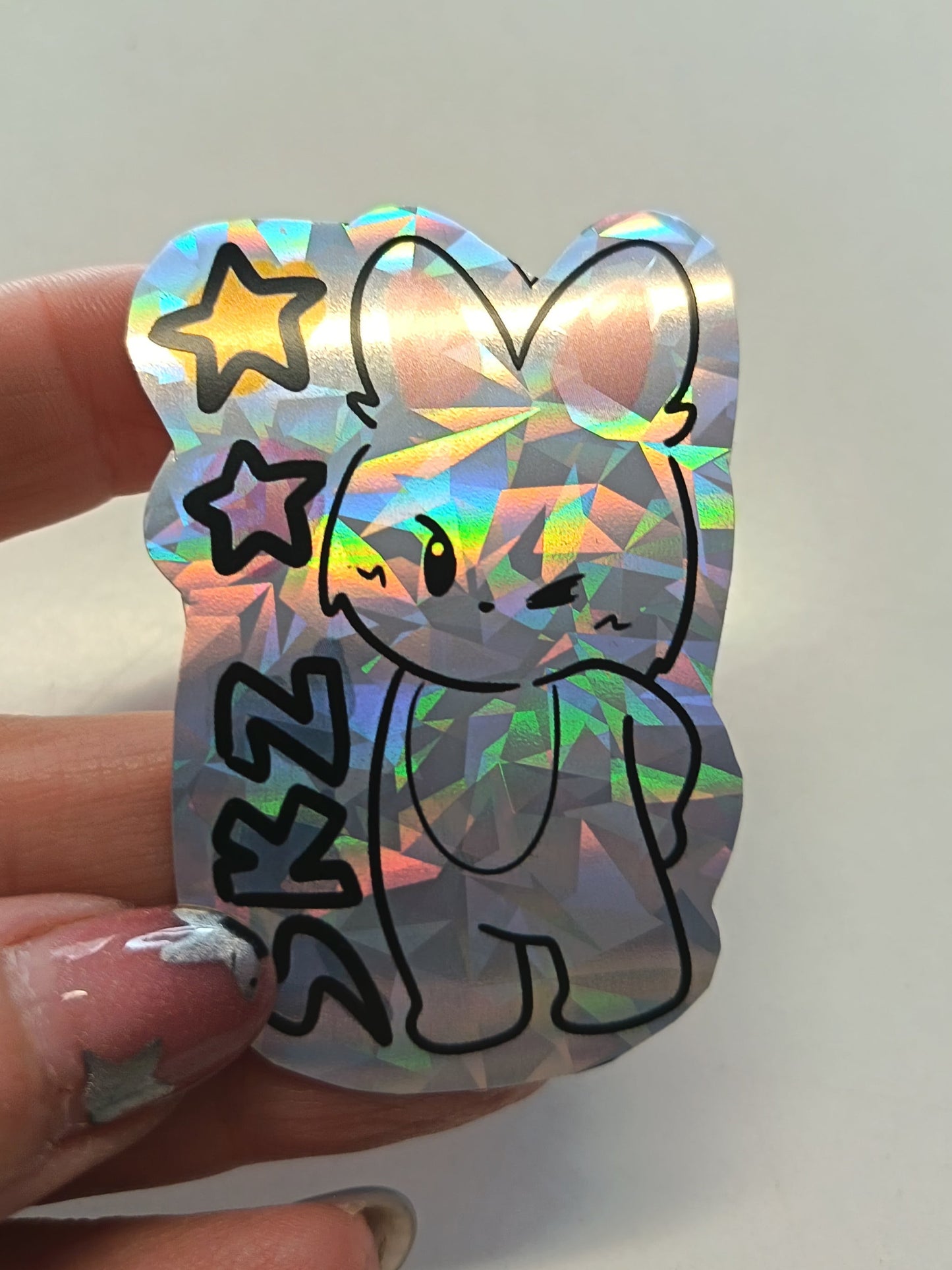 Sticker holográfico Leebit Skzoo de Stray Kids con efecto rainbow brillante, diseño kawaii de conejo K-pop para decorar móvil o portátil