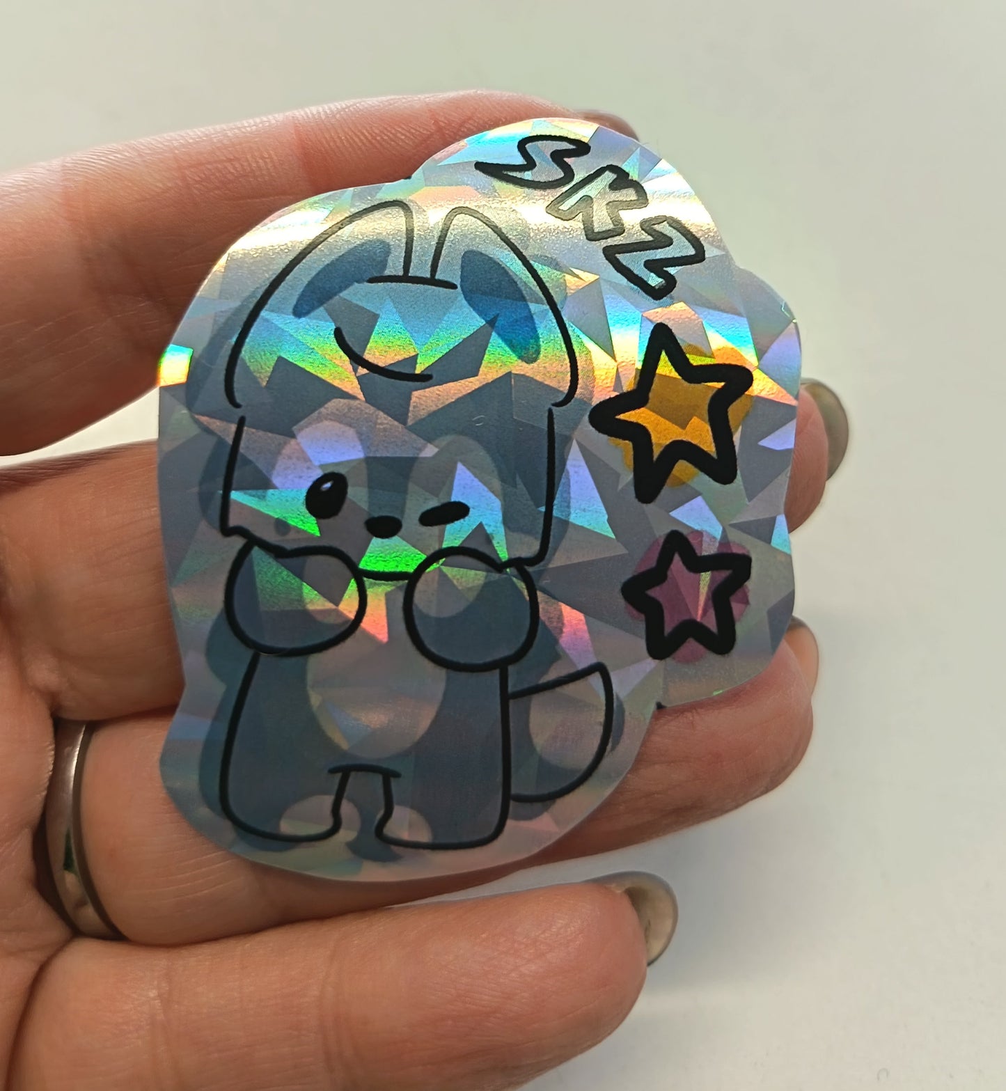Sticker holográfico Wolfchan Skzoo de Stray Kids con efecto diamond brillante, diseño kawaii de lobo K-pop para decorar portátil o móvil